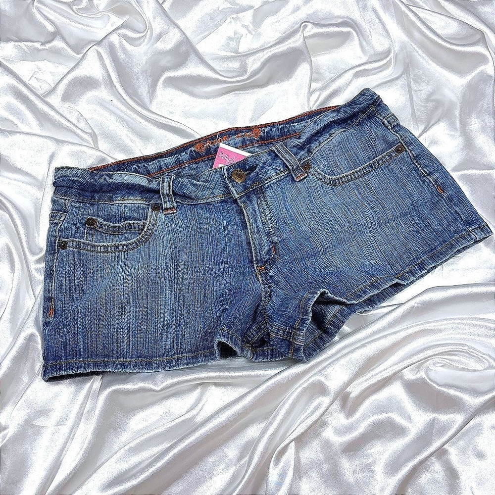 y2k Low Rise Denim Shorts Blue Stretch Five Pocket Embroidered